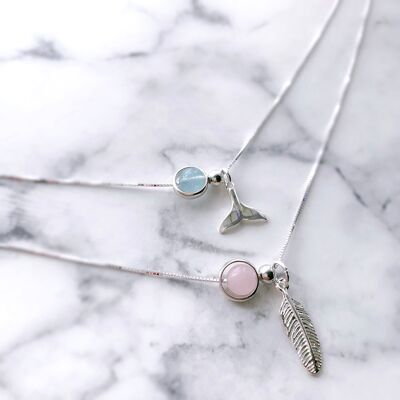 Gemstone 925 Silver Pendant Necklace (Rose Quartz / Aquamarine)