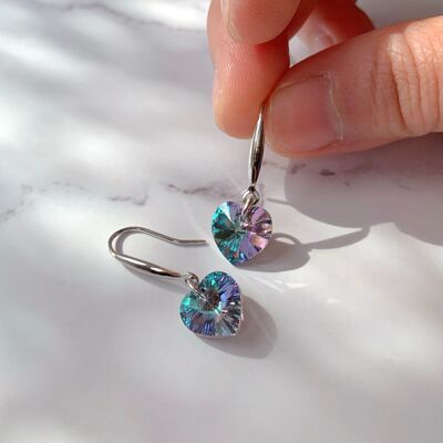 Boucles d'oreilles pendantes en cristal arc-en-ciel en forme de coeur