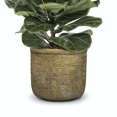 Pot de fleurs en ciment dans un design de panier tressé | Effet tissé bambou | Intérieur | Fait à la main | Style rustique et vieilli | dans une couleur beige