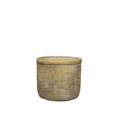 Zement-Blumentopf im Flechtkorb-Design | Bambus gewebter Effekt | Innen | Handarbeit | Rustikaler und gealterter Stil | in einer beigen Farbe