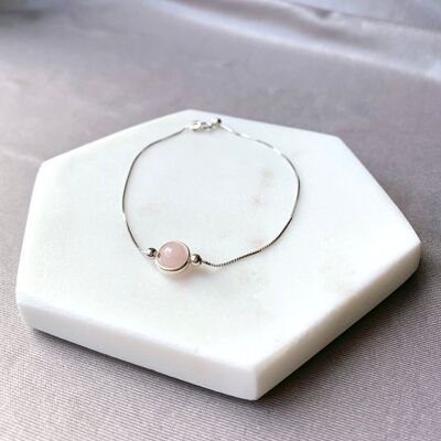 Rose Quartz Round Frame 925 Silver Bracelet (6mm)