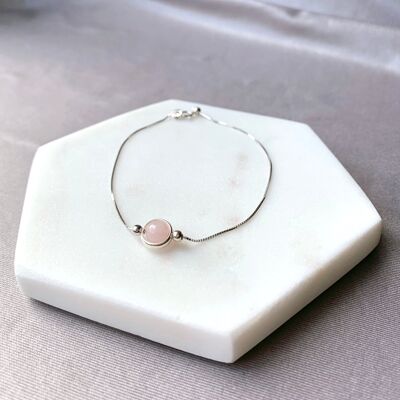 Bracciale in argento 925 con cornice rotonda in quarzo rosa (6 mm)