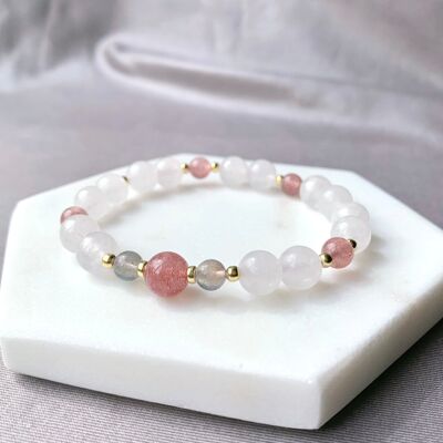 Bracelet en pierres précieuses calcédoine blanche et quartz fraise