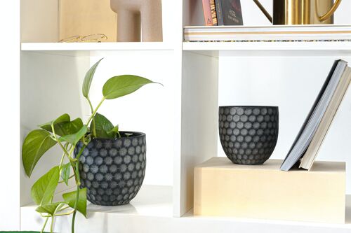 Cement	Plant Pot | Contemporary style	| Indoor Tumbler Pot	| Lattice Geometric Pattern	| Hand-finished	in a Black colour