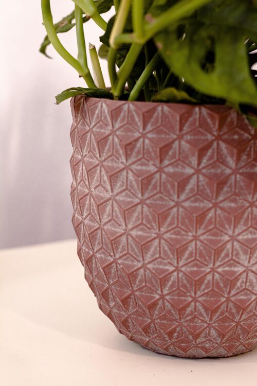 Cement	Plant Pot	 | Pine-inspired Design	| Indoor Tumbler Pot	| 3D Geometric Pattern	| Hand-finished	in a Burgundy colour