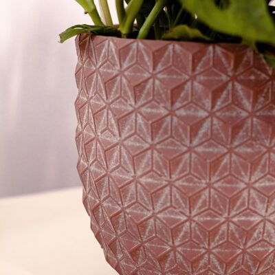 Cement	Plant Pot	 | Pine-inspired Design	| Indoor Tumbler Pot	| 3D Geometric Pattern	| Hand-finished	in a Burgundy colour