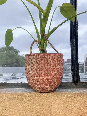 Pot de fleurs en ciment | Design inspiré du pin | Pot à gobelet d'intérieur | Motif géométrique 3D | Fini à la main dans une couleur bordeaux 5