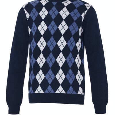 Jersey o suéter 100% Cachemira Argyle con cuello redondo o cuello redondo para hombre, azul marino
