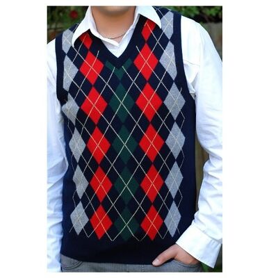 Men's 100% Cashmere Argyle Slipover or Tank Tops Slipover, Navy