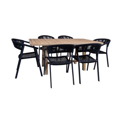 GARDEN SET WITH ACACIA WOOD TABLE 170X90XHT75CM WITH 6 ARMCHAIRS IN BLACK CORD.