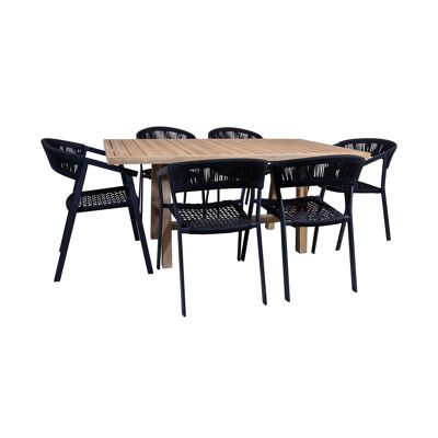 SET DA GIARDINO CON TAVOLO IN LEGNO DI ACACIA 170X90XHT75CM CON 6 POLTRONE IN CORDINO NERO.