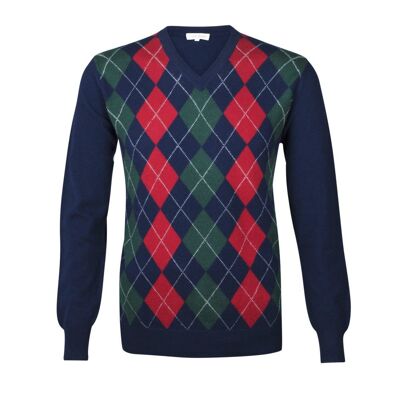 Men's 100% Cashmere Argyle V Neck Jumper or Sweater, Navy