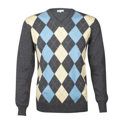Men's 100% Cashmere Argyle V Neck Jumper or Sweater, Grey