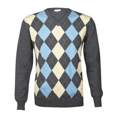 Jersey o suéter 100% Cachemira Argyle con cuello en V para hombre, gris