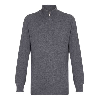 Jersey o suéter tipo polo con cremallera y 100 % cachemir para hombre, gris