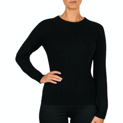 Damen-Pullover oder Pullover mit Zopfmuster und Rundhalsausschnitt aus 100 % Kaschmir, Schwarz