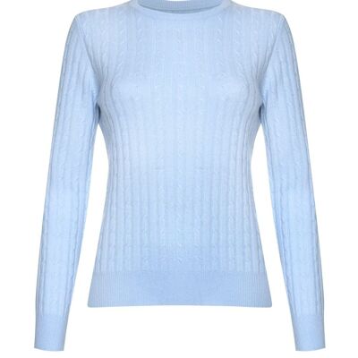 Jersey o suéter 100 % cachemir con cuello redondo y ochos para mujer, azul bebé