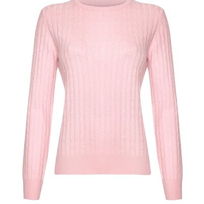 Women's 100% Cashmere Cable Crew Neck Jumper or Sweater, Baby Pink