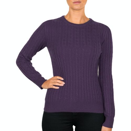 Women's 100% Cashmere Cable Crew Neck Jumper or Sweater, Purple