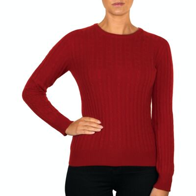 Damen-Pullover oder Pullover mit Zopfmuster und Rundhalsausschnitt aus 100 % Kaschmir, Rot