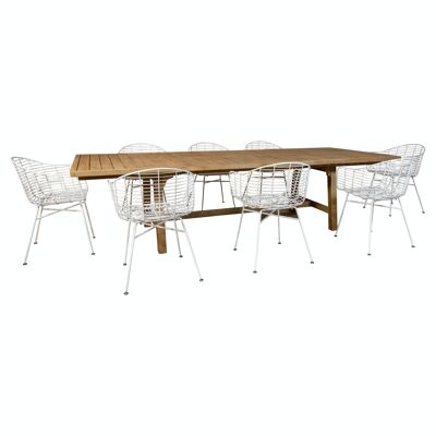 GARDEN SET WITH 2-3M ACACIA EXTENDABLE TABLE WITH 8 SAONAL WHITE METAL TABLE ARMCHAIRS.