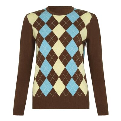 Women's 100% Cashmere Argyle Crew or Round Neck Jumper or Sweater, Brown