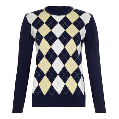 Pull ras du cou ou col rond Argyle 100 % cachemire pour femme, bleu marine