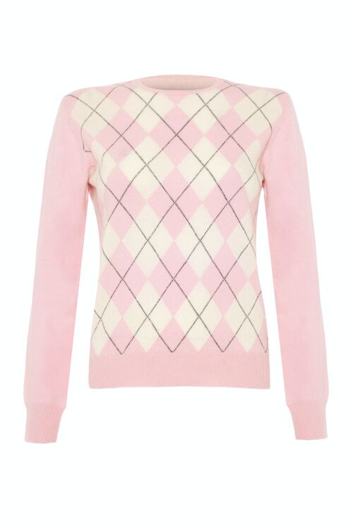 Women's 100% Cashmere Argyle Crew or Round Neck Jumper or Sweater, Pink