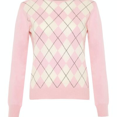 Pull ras du cou ou col rond Argyle 100 % cachemire pour femme, rose