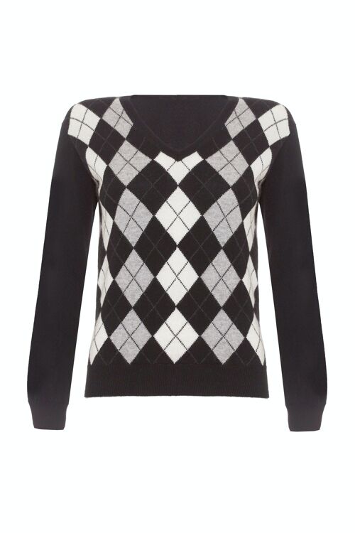 Women's 100% Cashmere Argyle V Neck Jumper or Sweater, Black