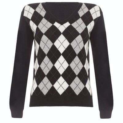 Jersey o suéter 100% Cachemira Argyle con cuello en V para mujer, negro