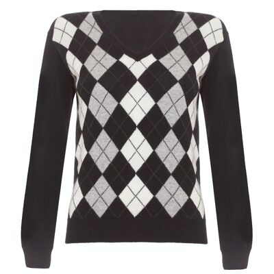 Women's 100% Cashmere Argyle V Neck Jumper or Sweater, Black