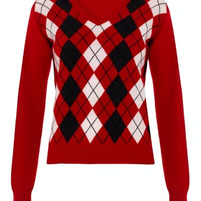 Women's 100% Cashmere Argyle V Neck Jumper or Sweater, Red