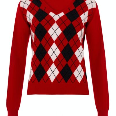 Pull ou Pull Col V Argyle 100% Cachemire Femme, Rouge