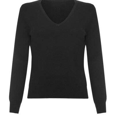 Jersey o suéter 100 % cachemir con cuello de pico para mujer, negro