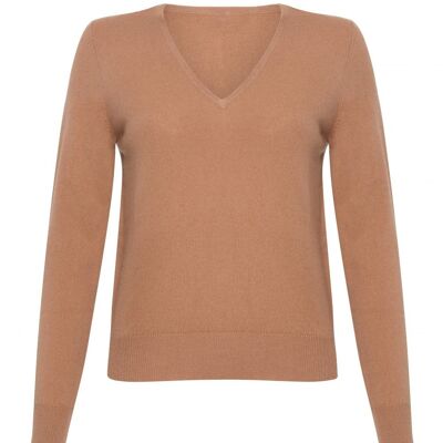 Maglione o maglione da donna con scollo a V 100% cashmere, cammello