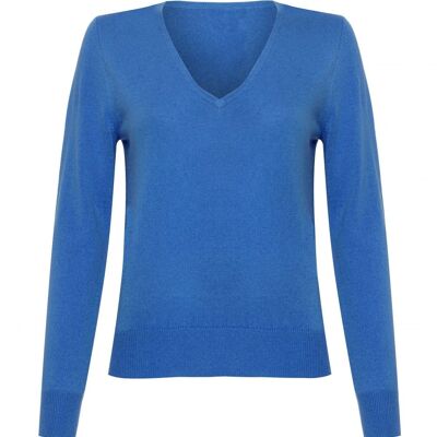 Jersey o suéter 100 % cachemir con cuello de pico para mujer, Cornflower