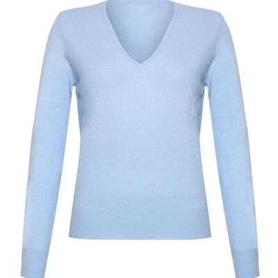 Jersey o suéter 100 % cachemir con cuello de pico para mujer, azul bebé