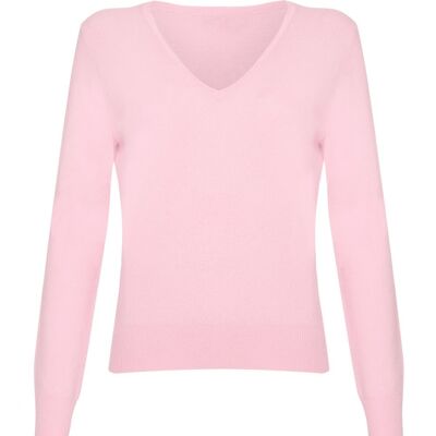 Jersey o suéter 100 % cachemir con cuello de pico para mujer, rosa pastel