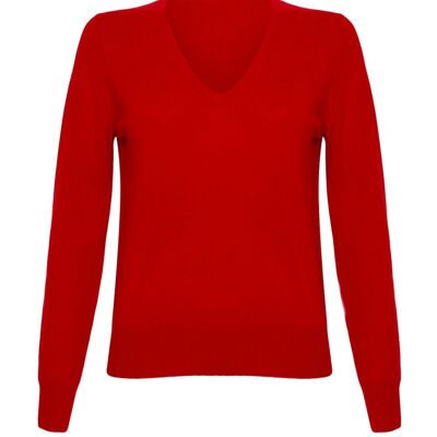 Jersey o suéter 100 % cachemir con cuello de pico para mujer, rojo