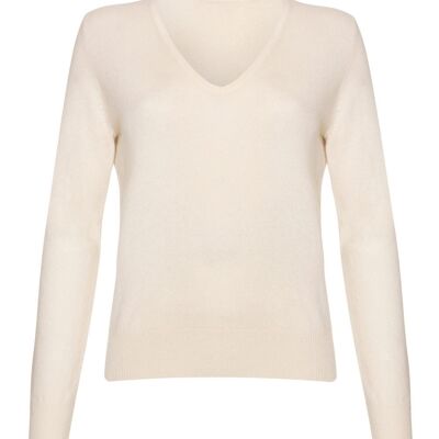 Jersey o suéter 100 % cachemir con cuello de pico para mujer, blanco