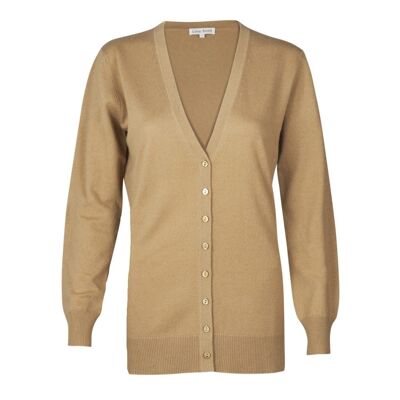Cárdigan largo 100 % cachemir con cuello de pico para mujer, camello
