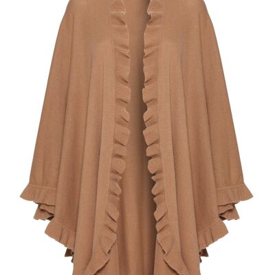 Women's 100% Lambswool Frilly Cape, Camel