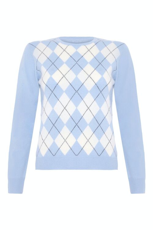 Women's 100% Cashmere Argyle Crew or Round Neck Jumper or Sweater, Blue