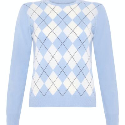 Damen-Pullover oder Pullover mit Rundhalsausschnitt, 100 % Kaschmir, Argyle, Blau