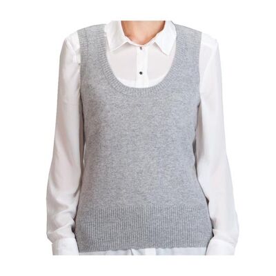 Camiseta sin mangas 100 % cachemir con cuello redondo para mujer, gris