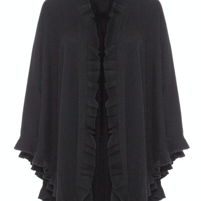 Mantella da donna con volant in 100% cashmere, colore nero