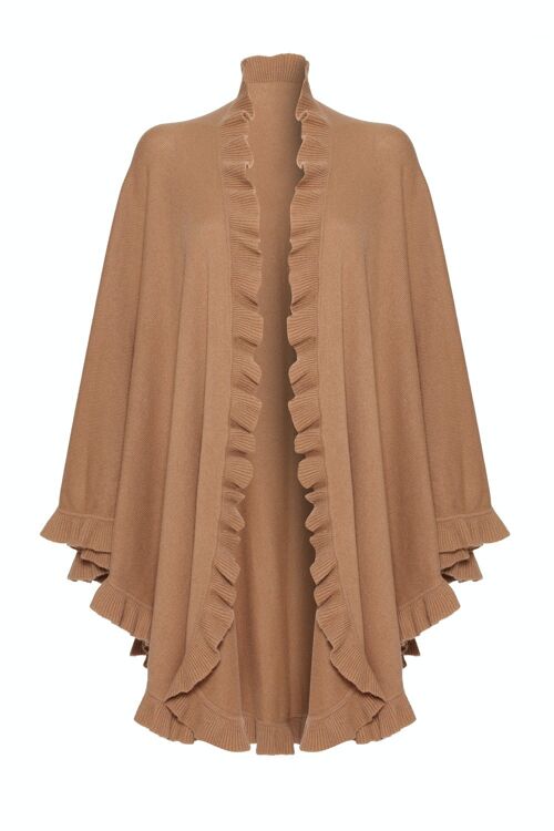 Women's 100% Cashmere Frilly Cape, Camel