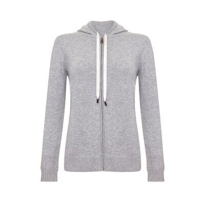 Cardigan da donna con cappuccio in 100% cashmere, grigio