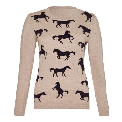 Women's 100% Cashmere Horse Design Crew or Round Neck Jumper, Yellow